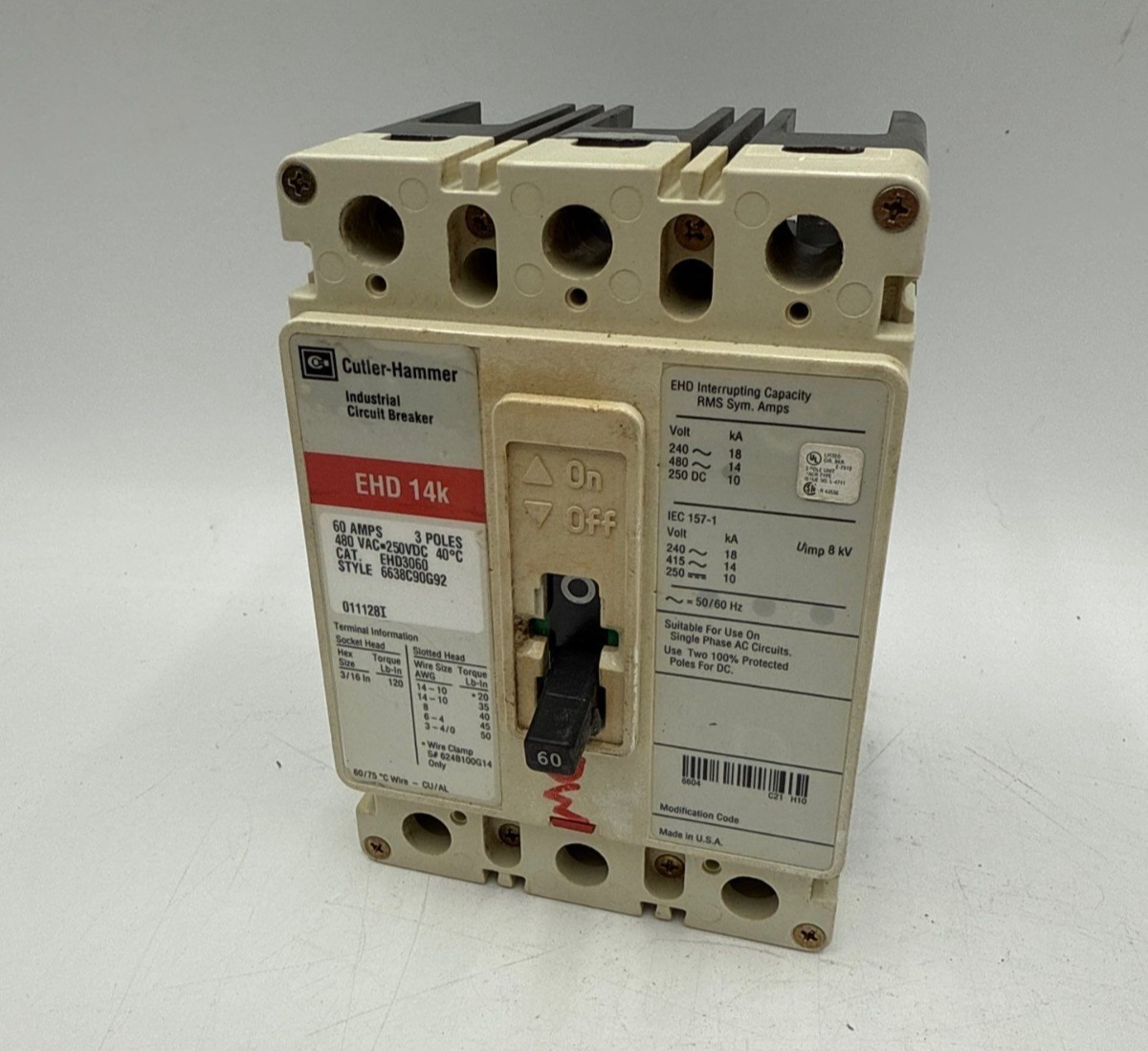 Cutler Hammer EHD3060 Circuit Breaker 60A 3P 480V 3PH EHD 14k 60 Amp 3 Pole Used