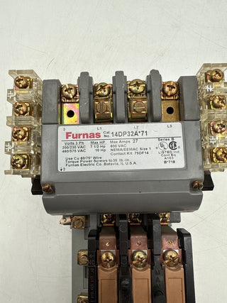 Furnas 14DP32AF71 Magnetic Starter 27A 3P 600V Size 1 Coil 110-120V Heater K52 Used