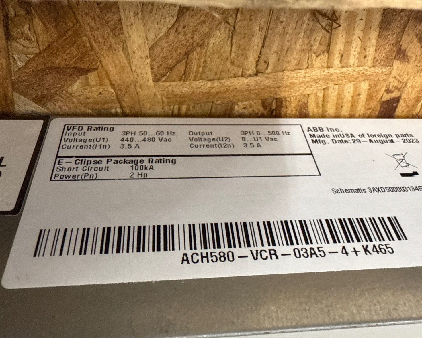 ABB ACH580-VCR-03A5-4+K465 E-Clipse Bypass AC Drive 2HP 480V 100kA New