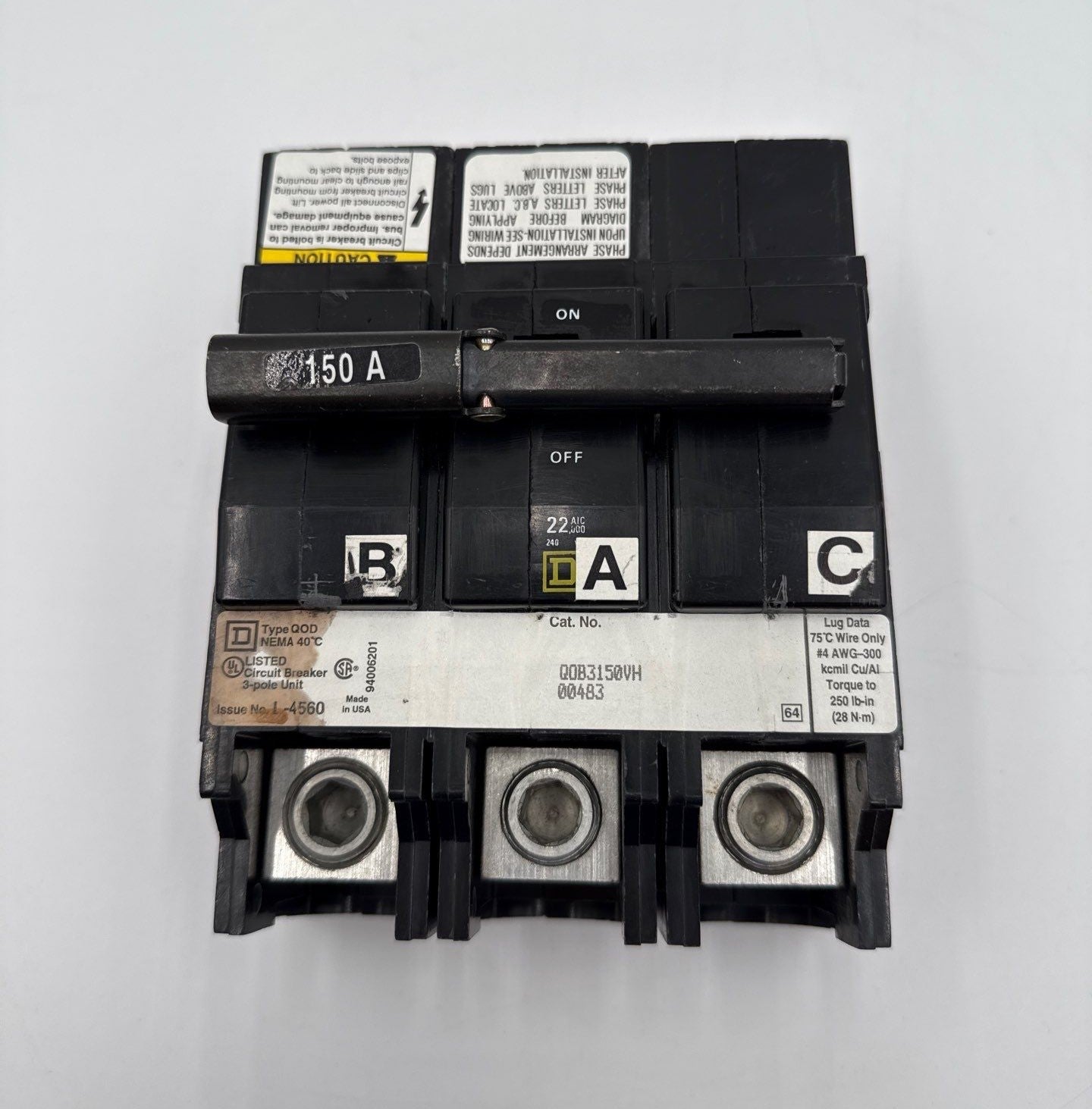 Square D QOB3150VH Bolt On Circuit Breaker 150A 3P 240V 22kA QOB 150 Amp Used