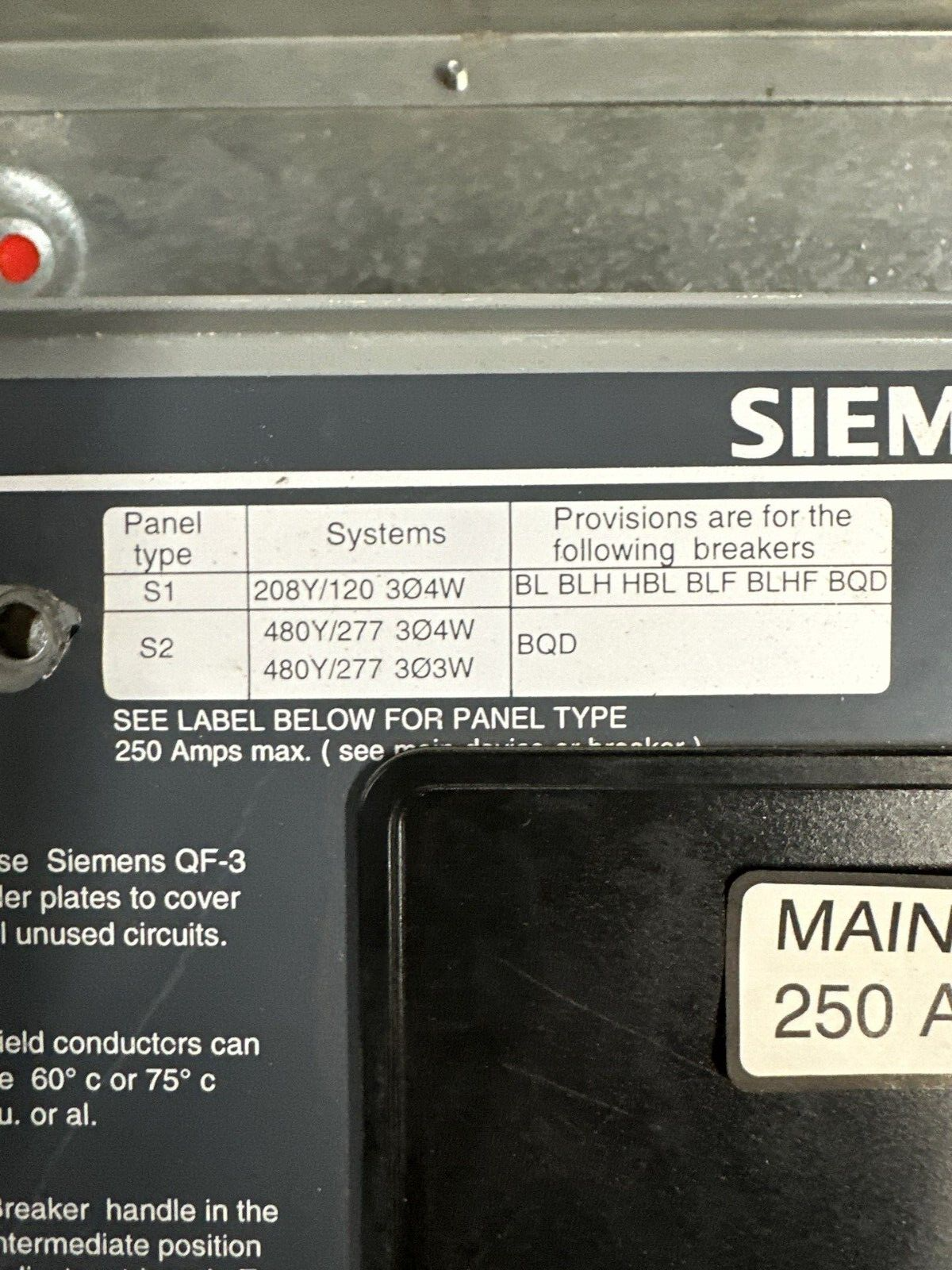 Siemens S1C42ML250ATS S1 Panelboard 250A 208/120V 3PH 4W MLO Indoor Encl 42 Cir P065 Used