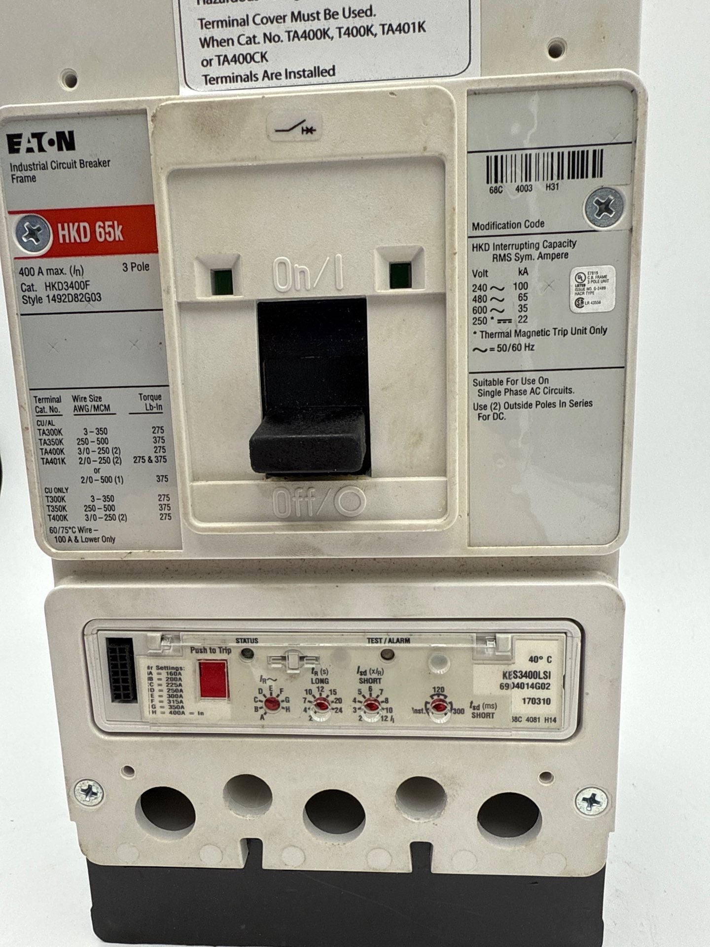 Eaton HKD3400 Circuit Breaker 400A 3P 600V HKD 65k KES3400LSI Trip 400 Amp Used