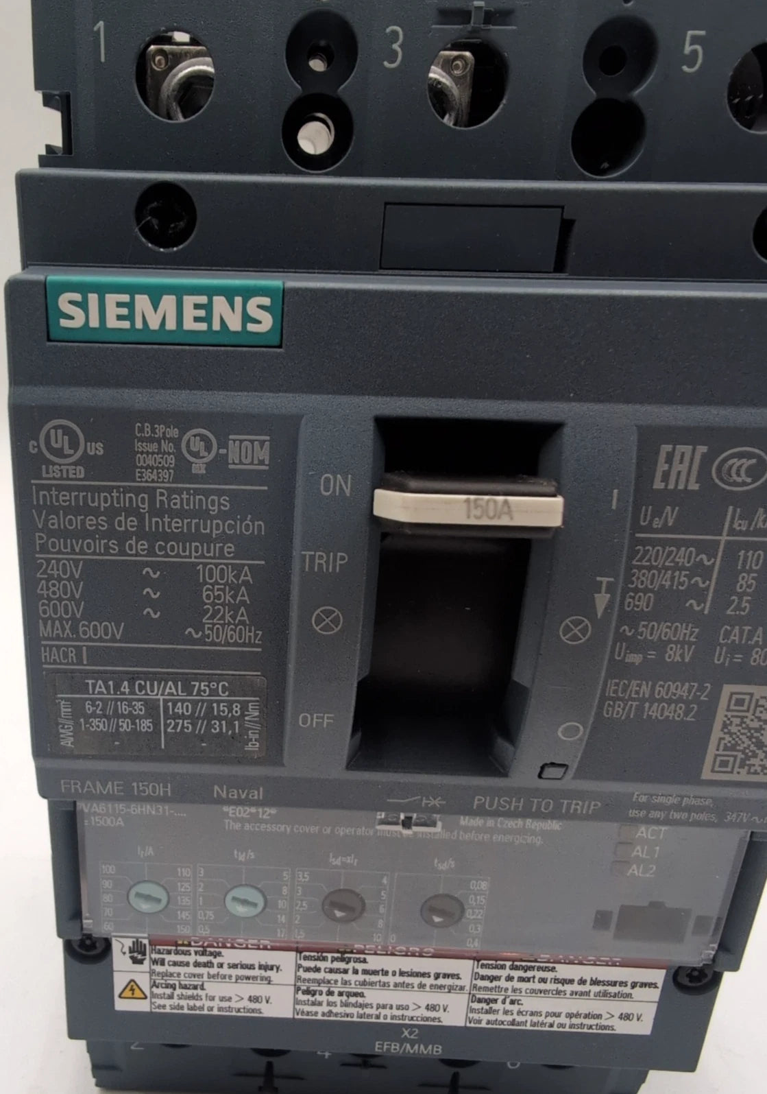 Siemens 3VA6115-6HN31-0AA0 Circuit Breaker 150A 3P 600V 3PH LSI Trip 150 Amp NEW New