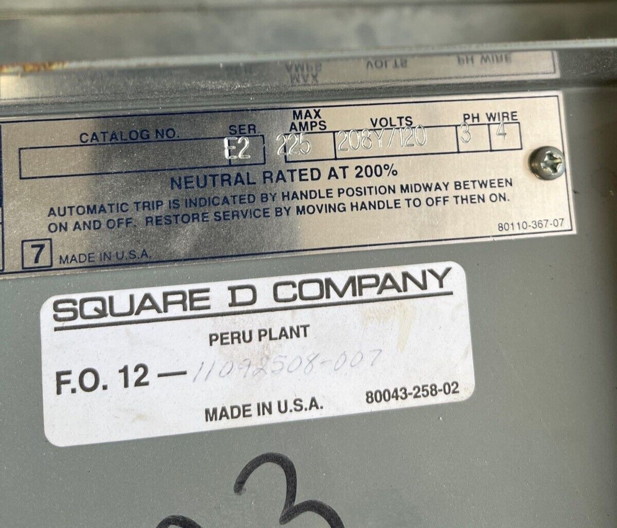 Square D NQOD Panelboard 225A 208/120V 3PH 4W Indoor Encl 42 Cir KCL34225 MCB P571 Used