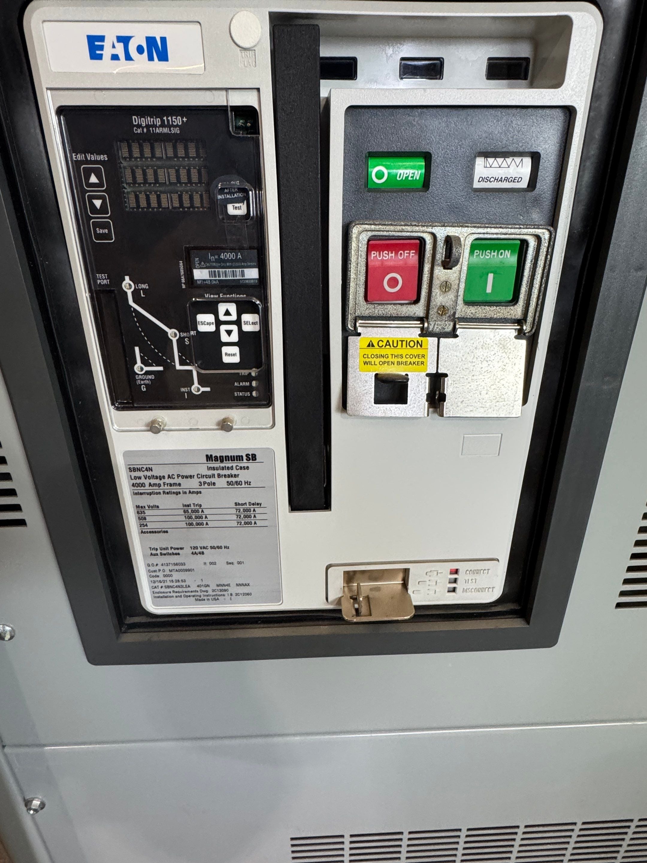 Eaton SBNC4N3LEA Circuit Breaker 4000A 3P 600V 11ARMLSIG DigiTrip 1150+ SBNC4N New