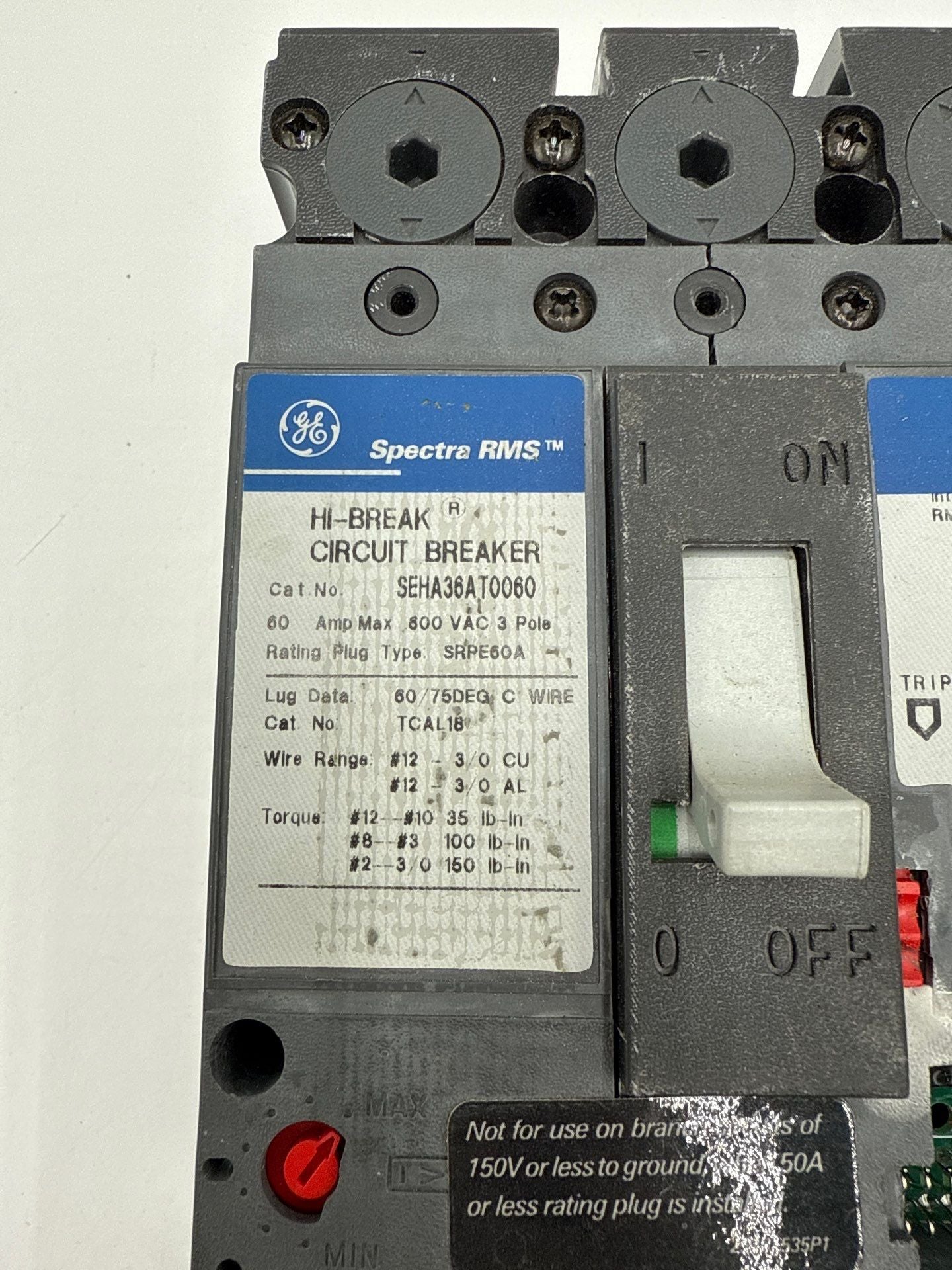 GE SEHA36AT0060 Circuit Breaker Frame 60A 3P 600V SEHA 60 Amp 3 Pole NO PLUG Used