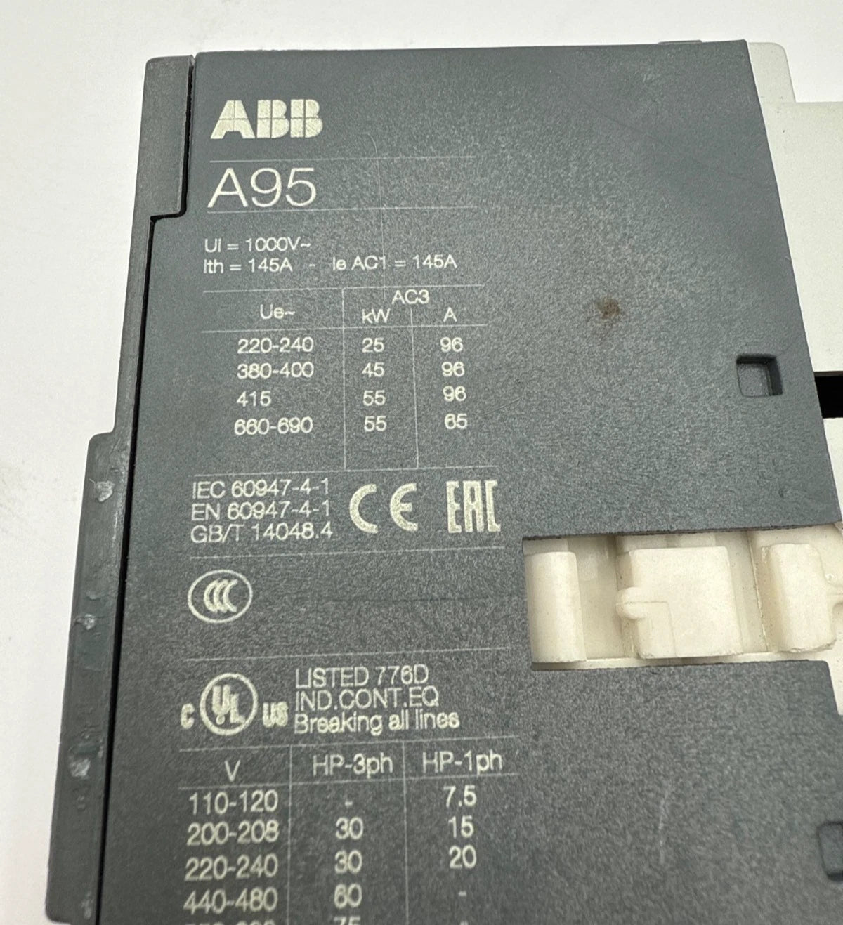 ABB A95-30 Contactor 145A 3P 600V 3PH 75HP Coil 220-230V 50Hz 230-240V 60Hz Used