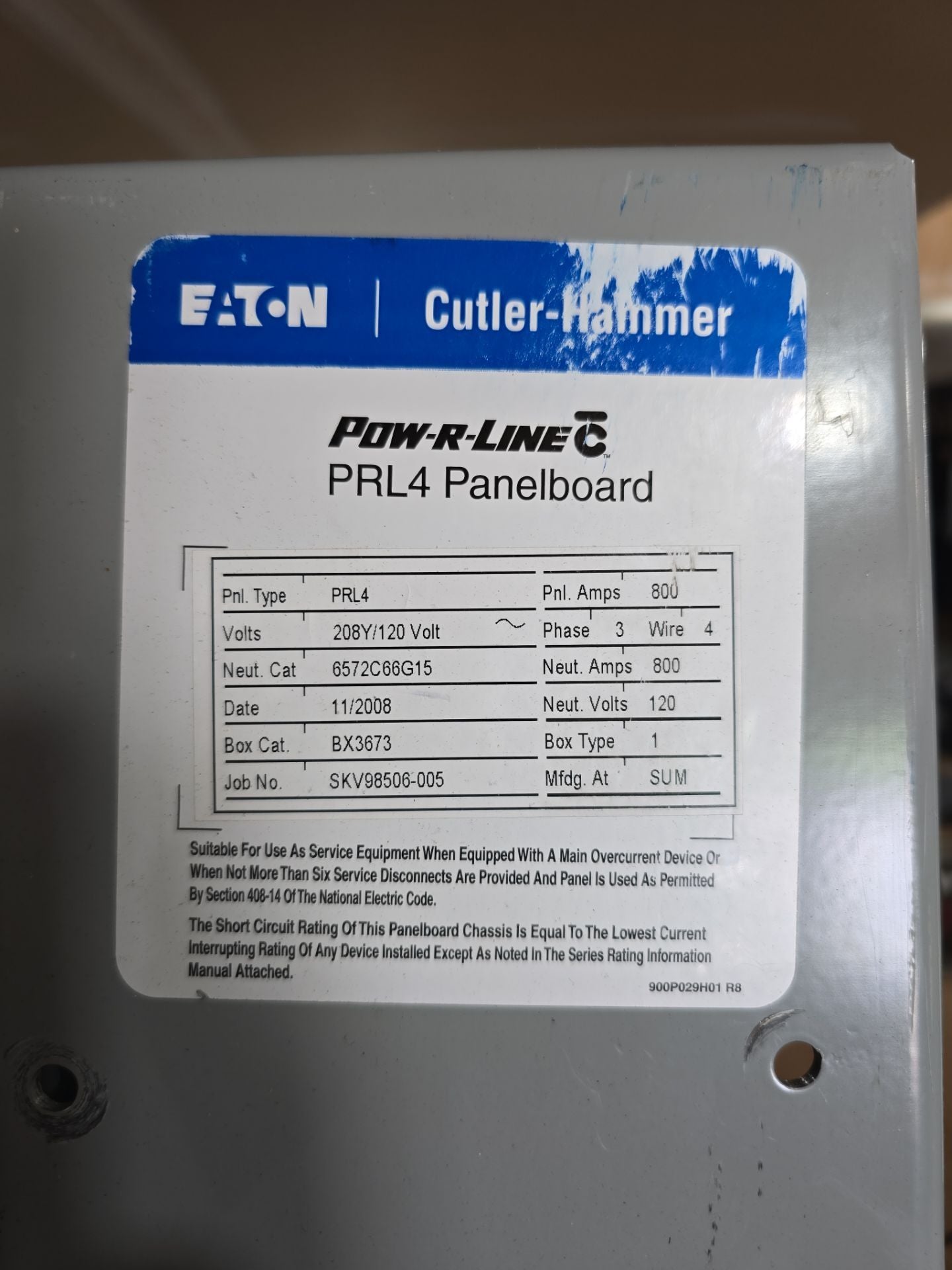Eaton PRL4 Panelboard 800A 208/120V 3PH 4W MCB Main MDL3800 Indoor Encl BX3673 Used