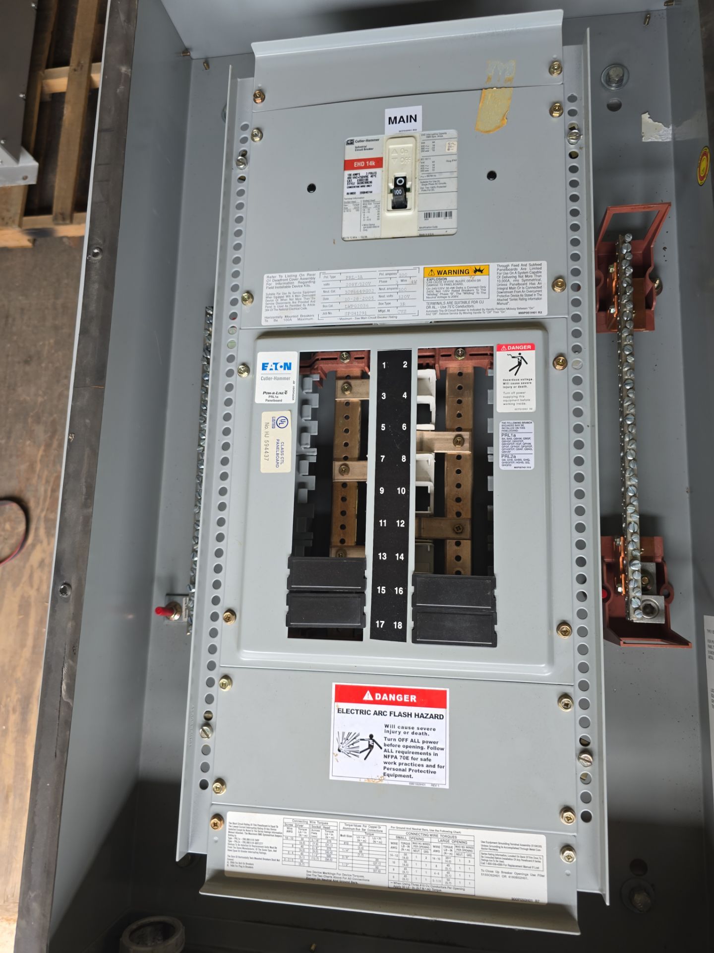 Eaton PRL1A Panelboard 100A 208/120V 3PH 4W 18 Cir 3R Encl MCB Main EHD3100 LWPQ2036 Used