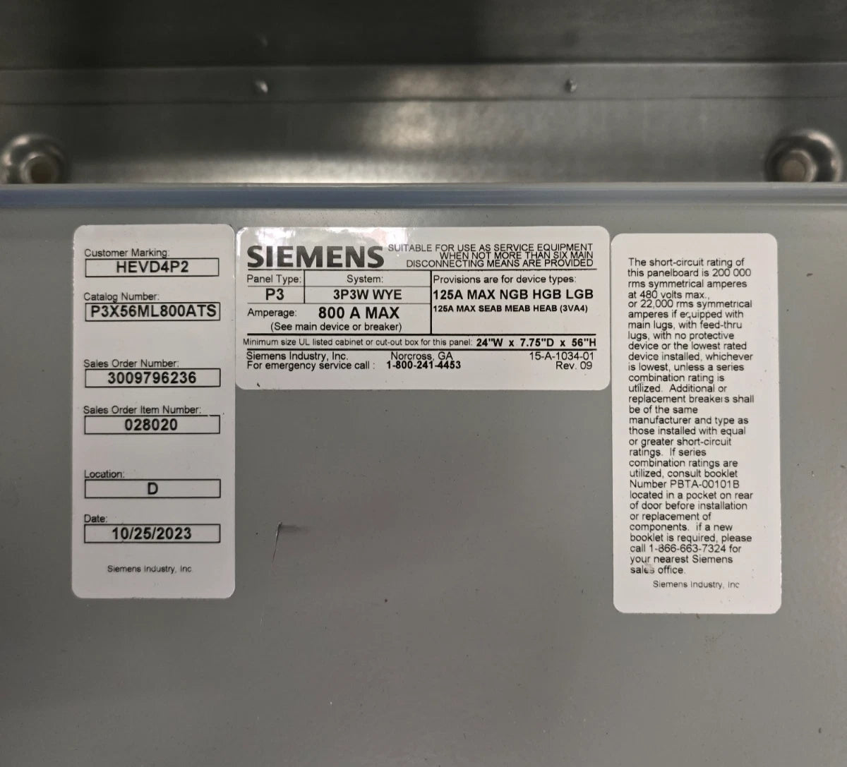 Siemens P3 Panelboard 800A 480V 3P 3W P3X56ML800ATS MLO Panel 800 Amp New