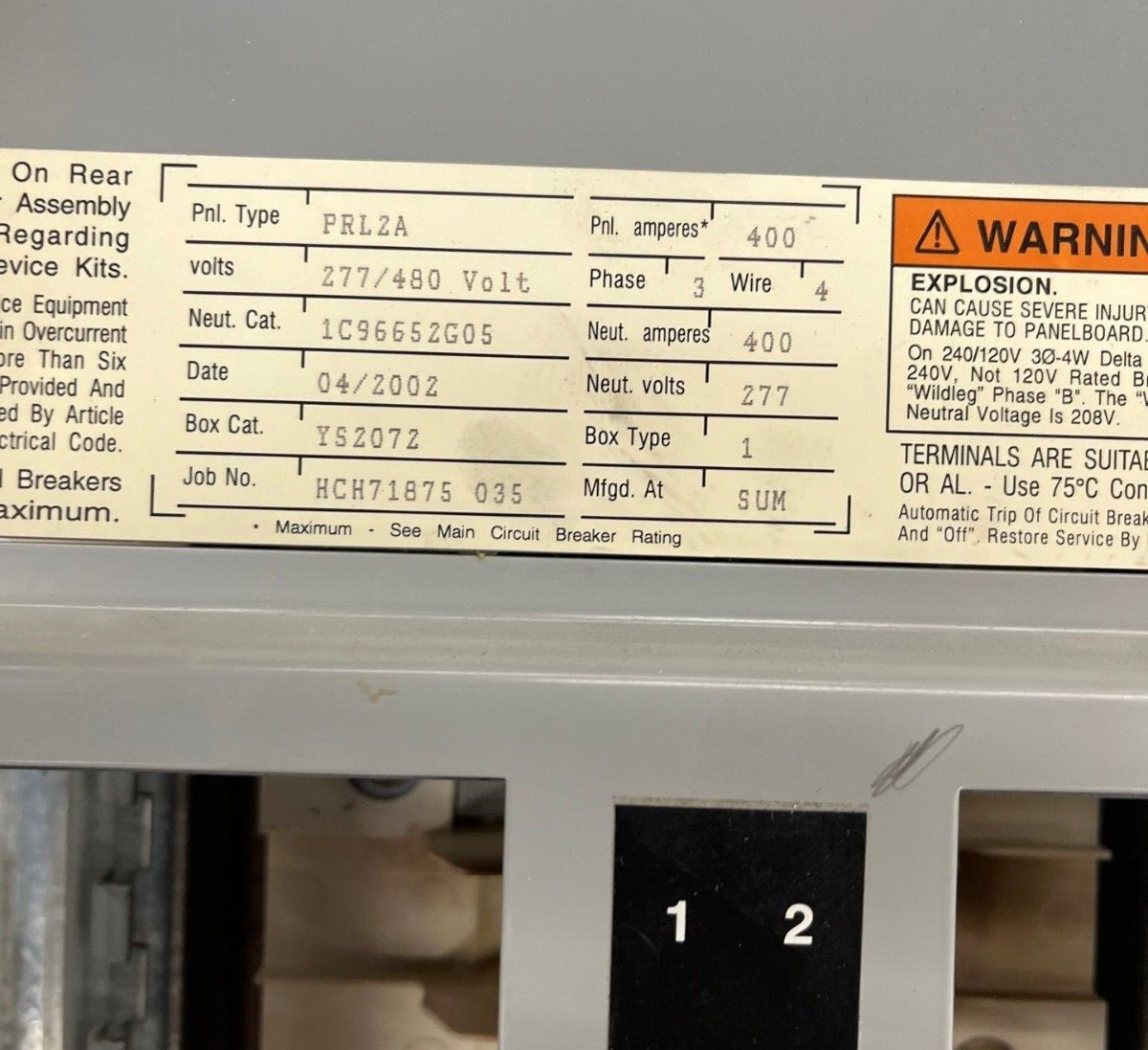 Cutler Hammer PRL2A Panelboard 400A 277/480V 3PH 4W Indoor Encl 42Cir FD3225 MLO P580 Used