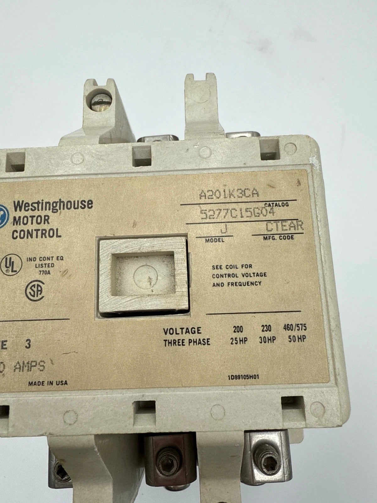 Westinghouse A201K3CA Contactor Size 3 90A 3P 600V 3PH 50HP Coil 110/120V Used