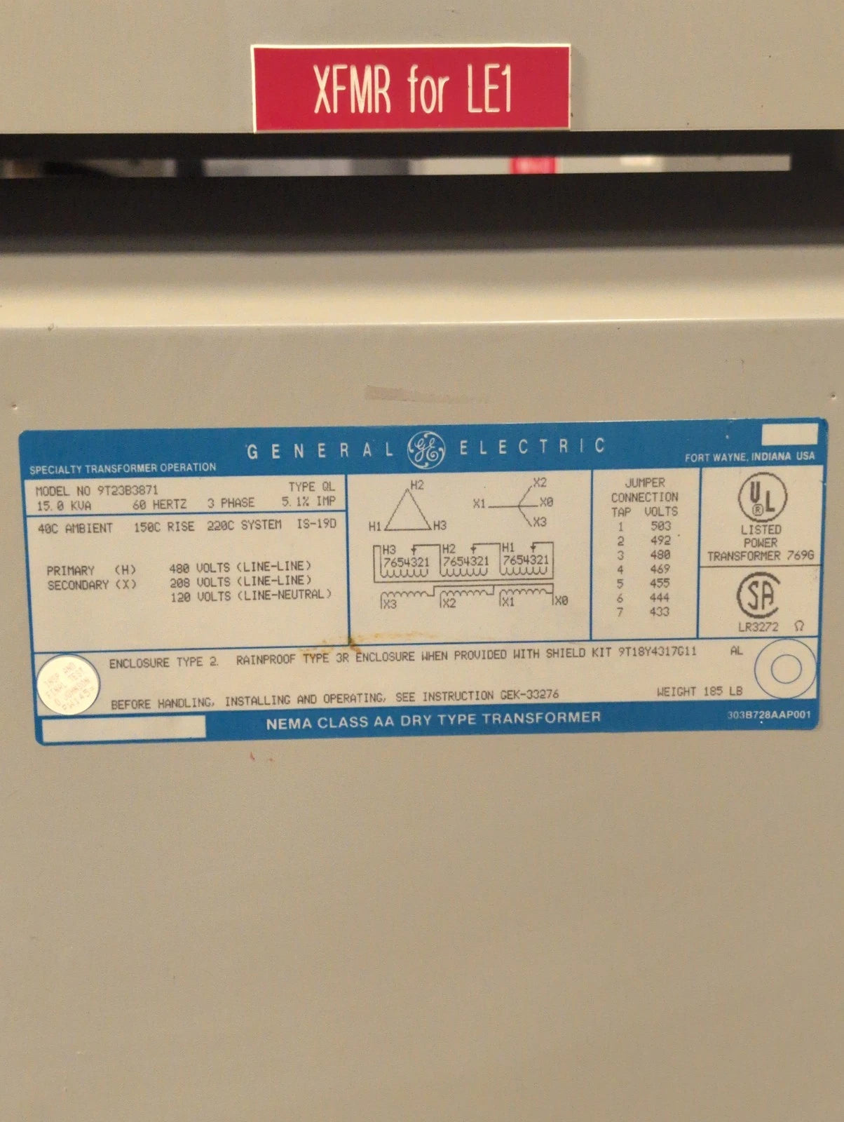 15KVA GE 9T23B3871 Transformer Pri 480V Sec 208/120V 3PH Type 2 Encl Indoor 60Hz Used