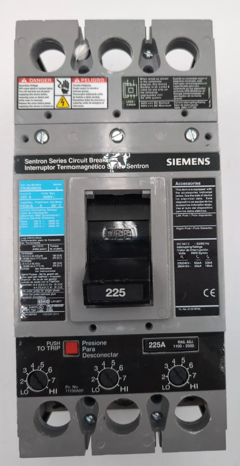 Siemens FXD63B225 Circuit Breaker 225A 3P 600V 3PH FXD6-A 225 Amp NEW Take out New