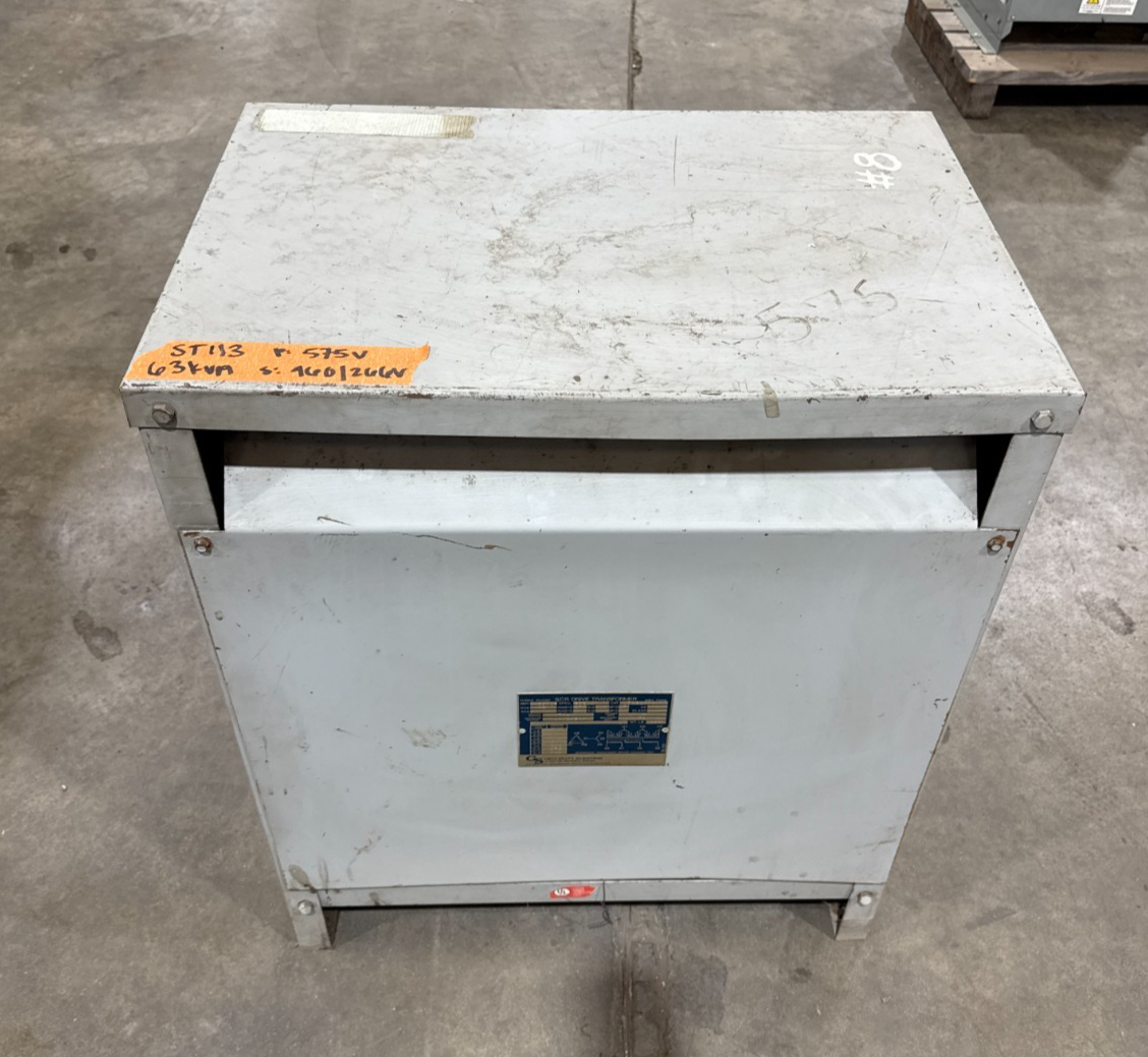 63KVA Hevi Duty DT621H63 Transformer Pri 575V Sec 460/266V 3PH Indoor Encl Used
