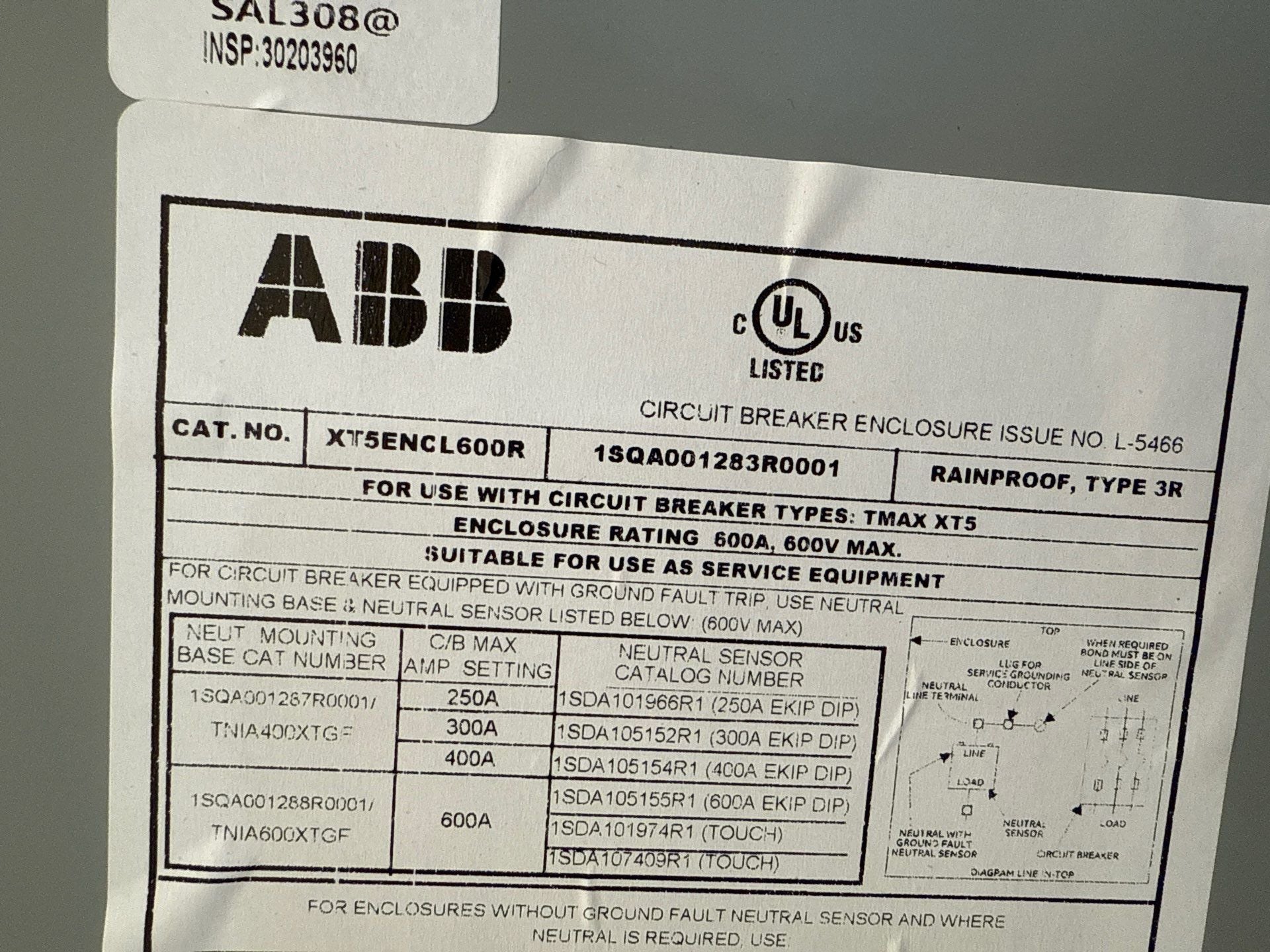 ABB XT5ENCL600R Circuit Breaker Enclosure 600A 600V Type 3R Rainproof New