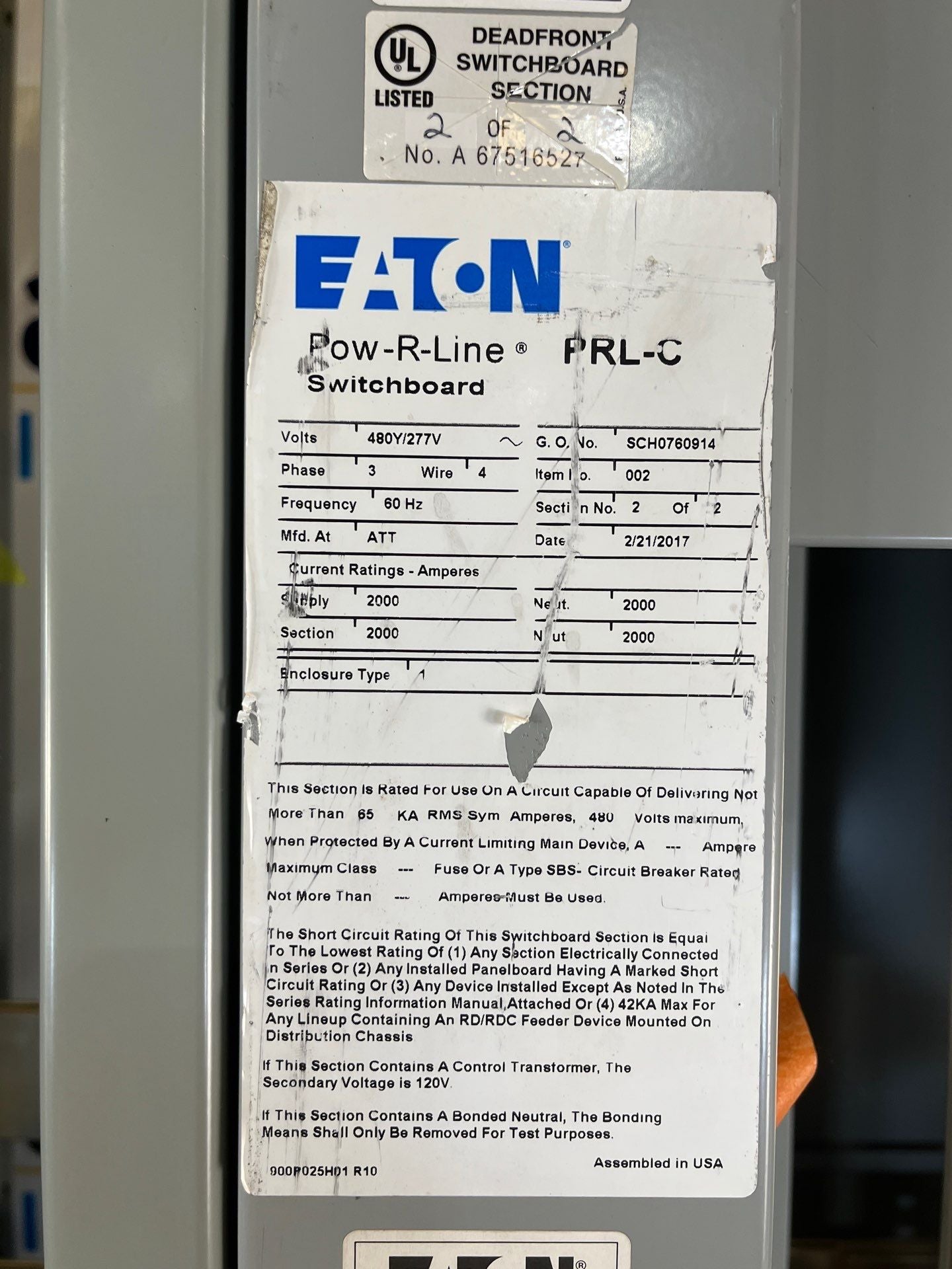 Eaton PRLC Switchboard 2000A 480/277V 3PH 4W SBS6203HEA LSIG Arc Flash Reduction Used