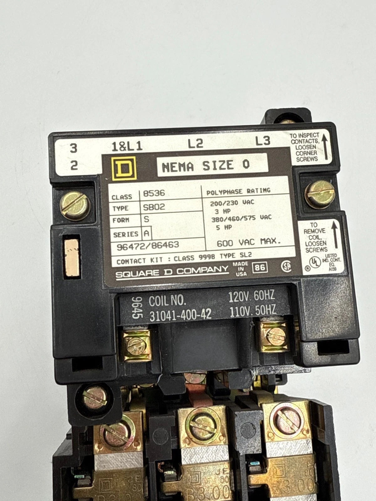 Square D 8536SB02 NEMA Size 0 Starter Coil 110/120V 3P 600V 5HP 3PH 8536SBO2 Used