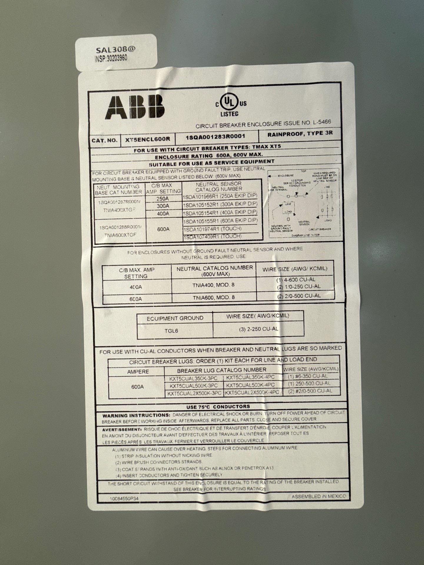 ABB XT5ENCL600R Circuit Breaker Enclosure 600A 600V Type 3R Rainproof New