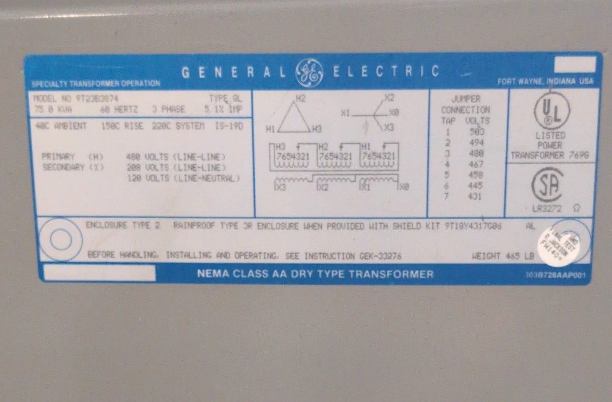 75KVA GE 9T23B3874 Transformer Pri 480V Sec 208/120V 3PH Indoor Encl Type QL Used