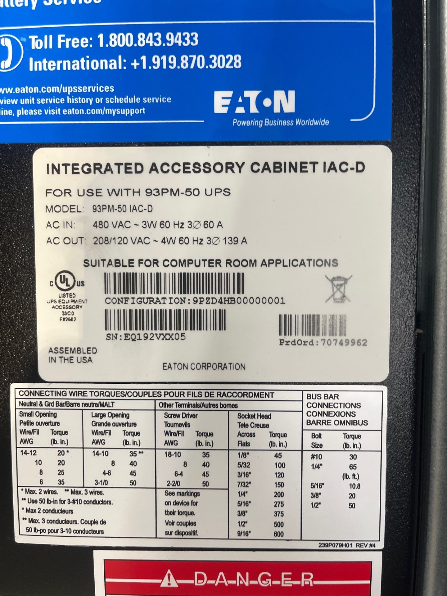 50KVA Eaton 93PM-50 IAC-D 480-208VAC UPS Distribution Integrated Accessory Cabinet New