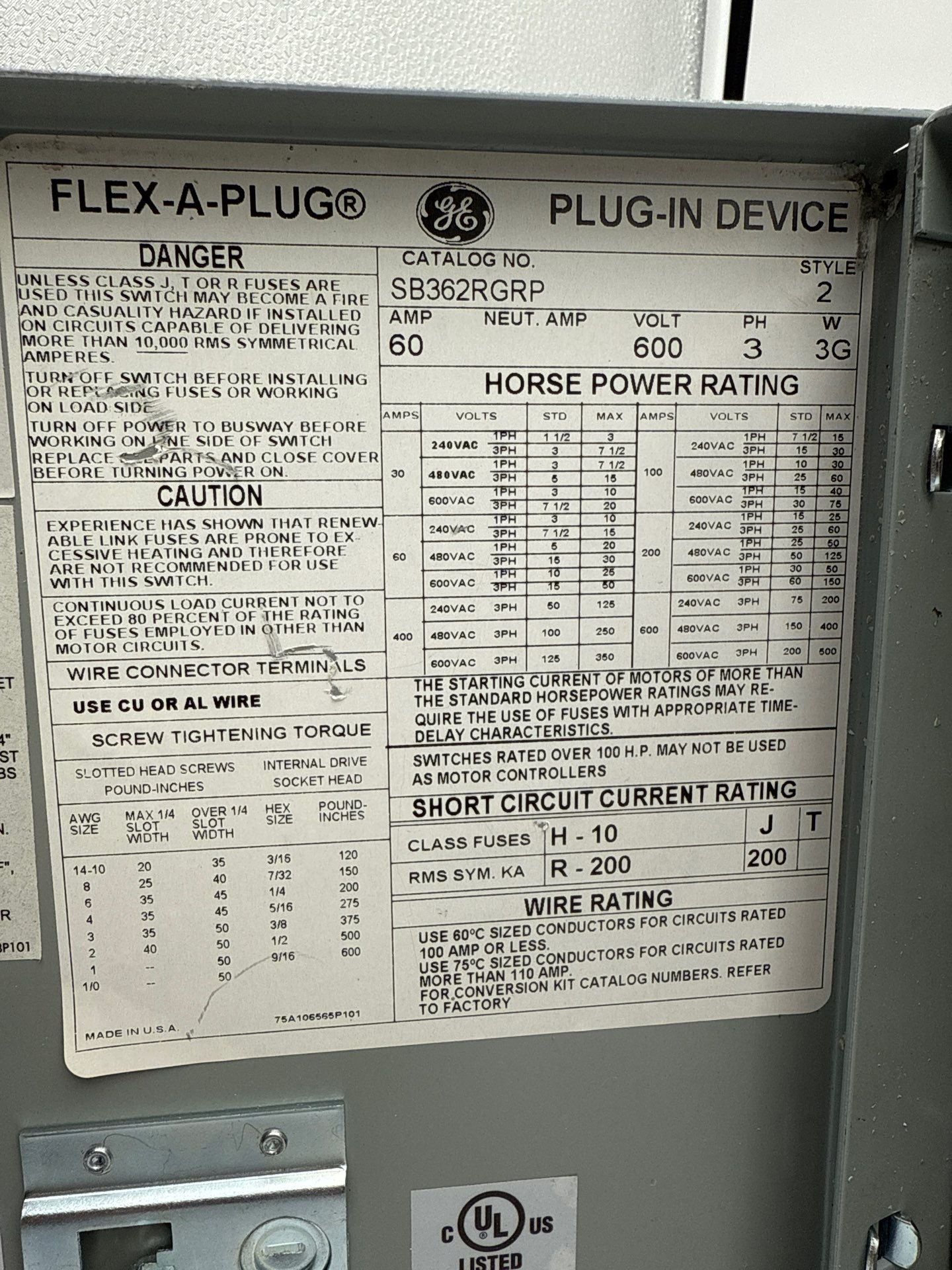 GE SB362RGRP Bus Plug 60A 3PH 3W 600V Spectra Busway Switch Flex A Plug Used