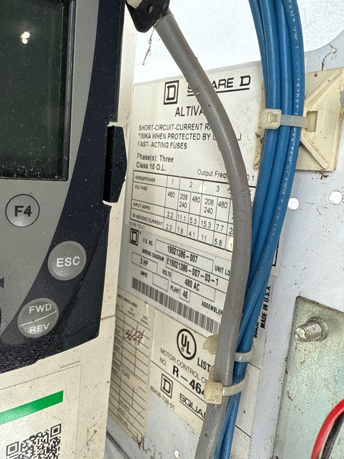 Square D Model 6 24" 15A Combo MCC Bucket FHP3601513M ATV71HU22N4 3HP Drive Used