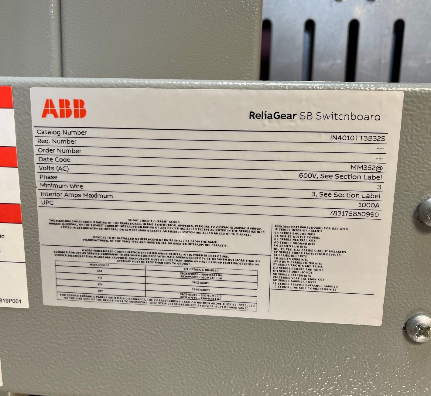 ABB ReliaGear SB Switchboard 1000A 208/120V 3PH 4W 1000 Amp MLO Used