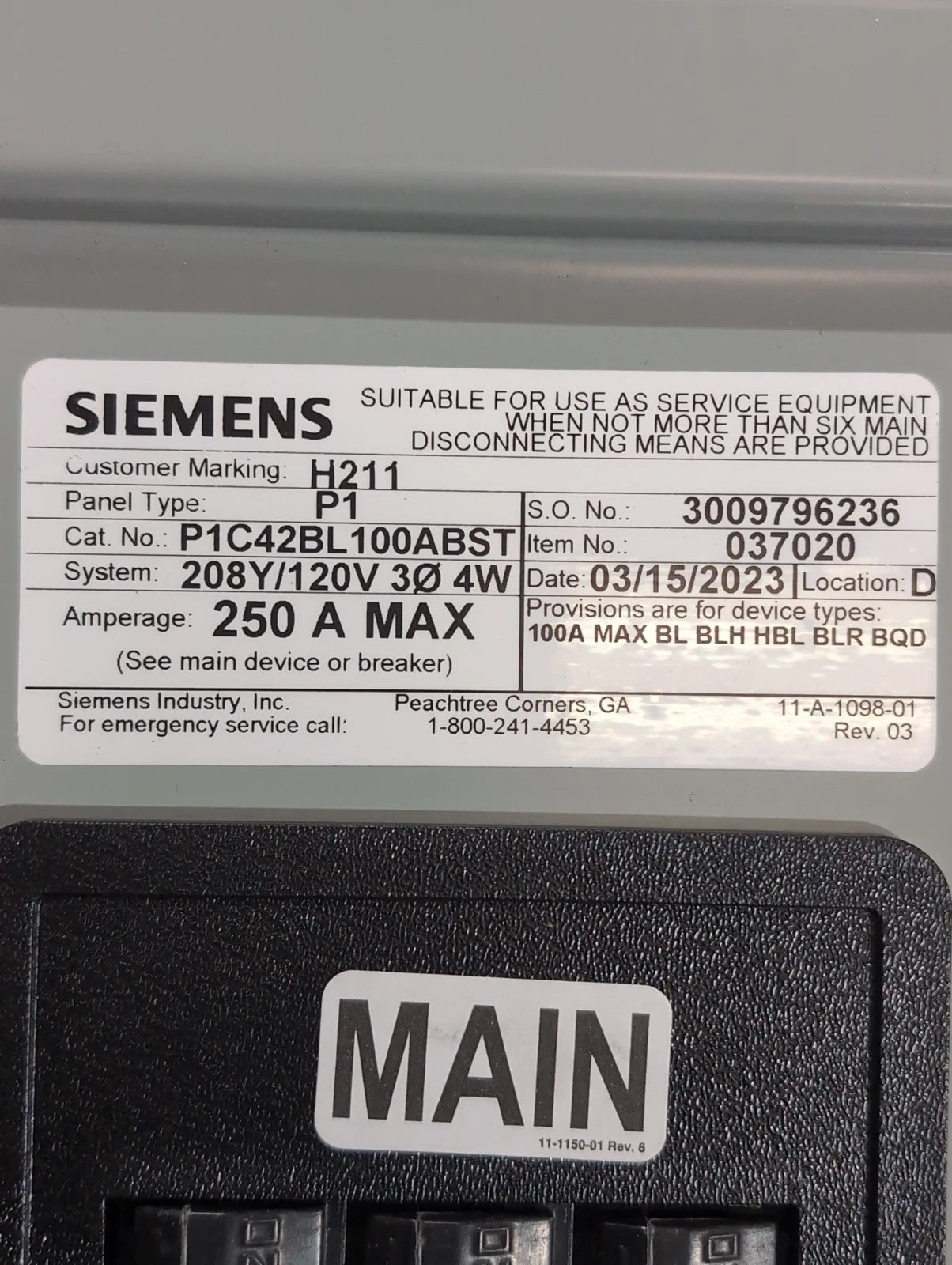 Siemens P1C42BL100ABST P1 Panelboard 100A 208/120V 3PH MCB Panel 100 Amp 42 Cir New