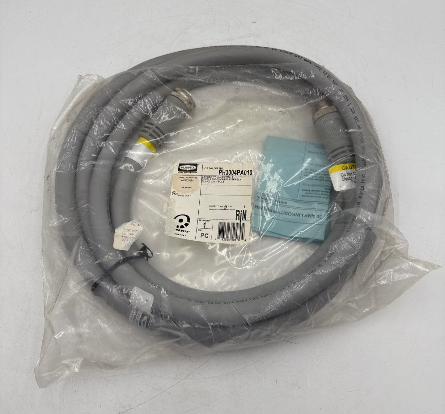 Hubbell LINKOSITY PH3004PA010 Cable Assembly 30A SNIG 600 VAC Max 4 Cond 10 ft New