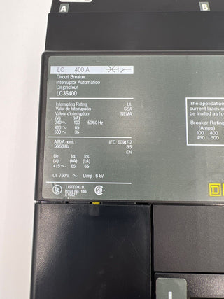 Square D LC36400 I-Line Circuit Breaker 400A 3P 600V 3PH LC 400 Amp 3 Pole Used