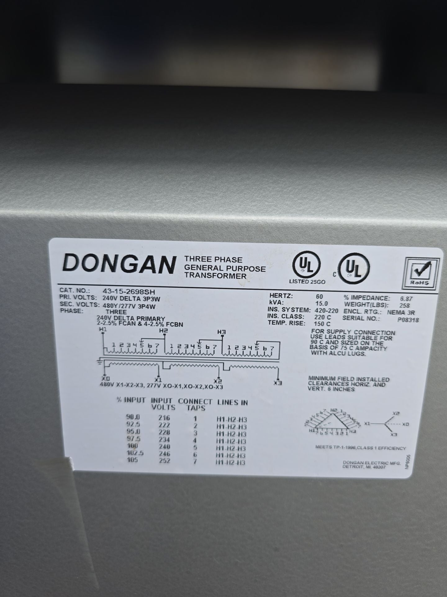 15KVA Dongan 43-15-2698SH Transformer Pri 240V Sec 480Y/277V 3PH 3R Encl Used