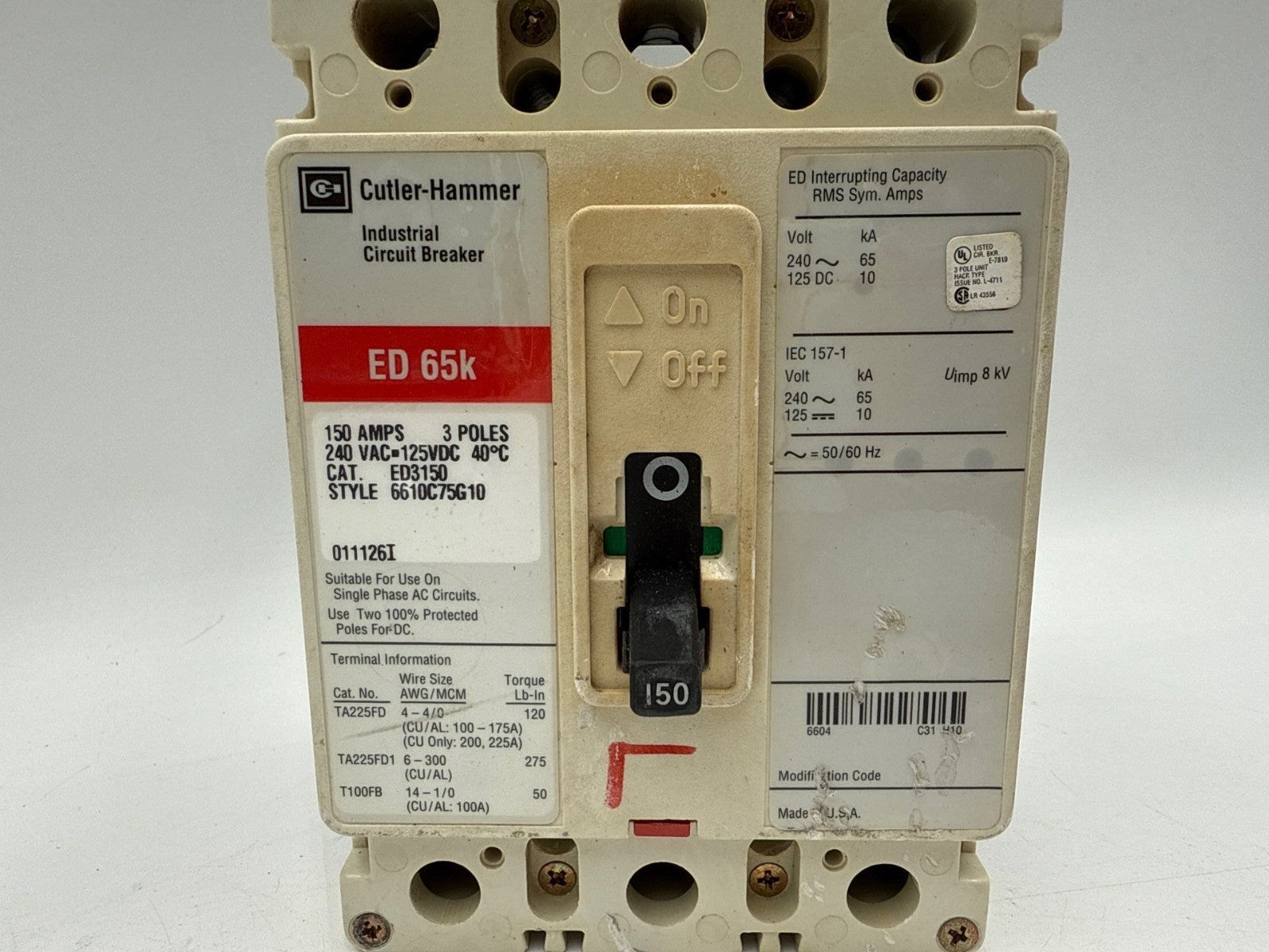 Cutler Hammer ED3150 Circuit Breaker 150A 3P 240V 3PH ED 65k 150 Amp 3 Pole Used