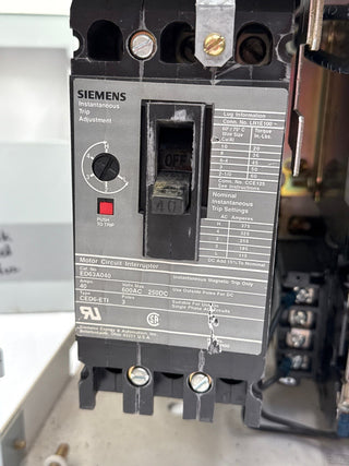 Siemens Model 95+ 40A 12" Combo MCC Bucket Size 2 14FS32A Starter ED63A040 Used
