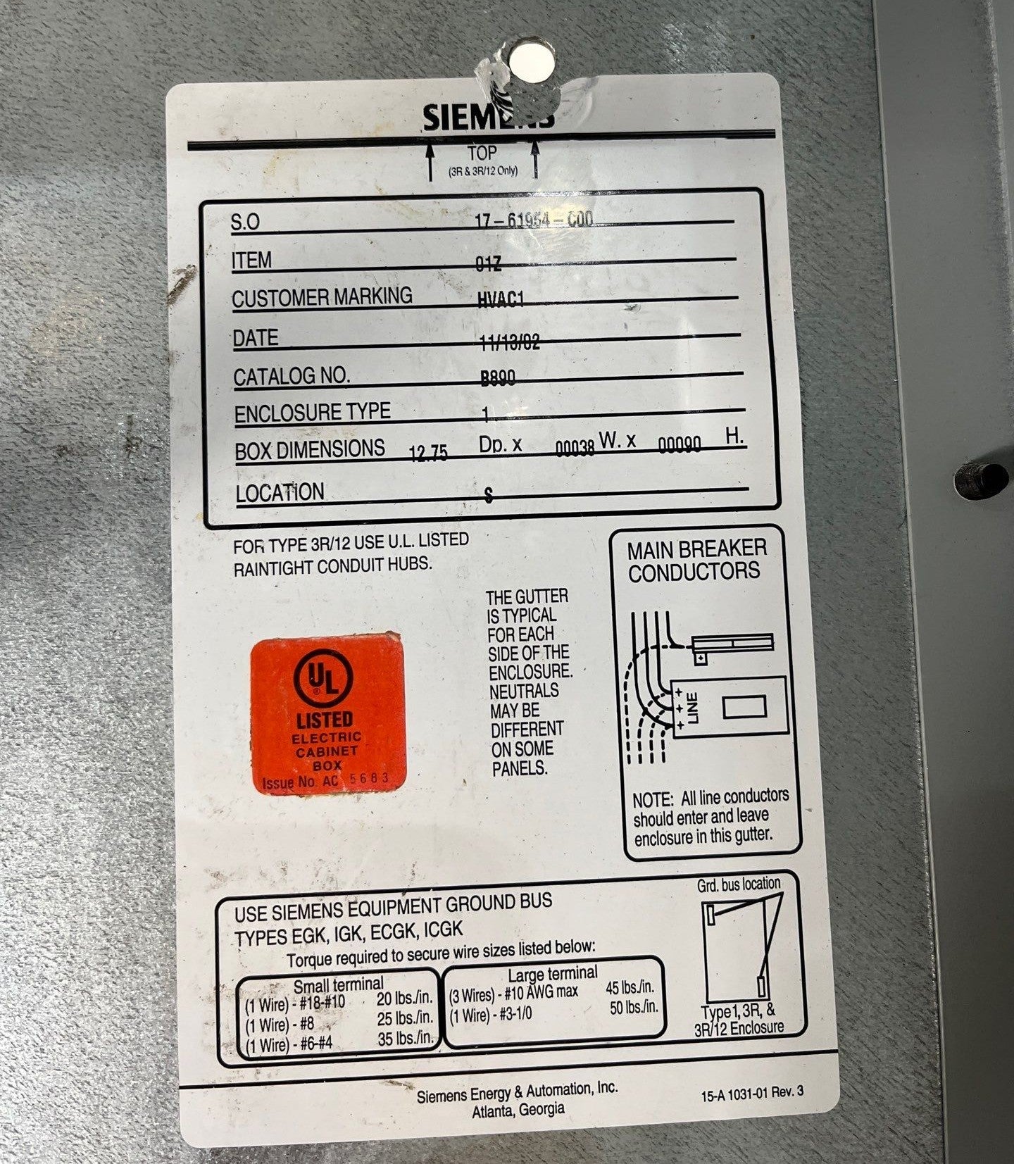Siemens S5E90LM700ATS S5 Panelboard 800A 480/277V 3PH 4W MLO Indoor Encl B890 Box Used