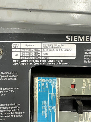Siemens S1C42E4125CTS S1 Panelboard 250A 208Y/120V 3PH 4W MCB Indoor Encl 42 Cir P387 Used