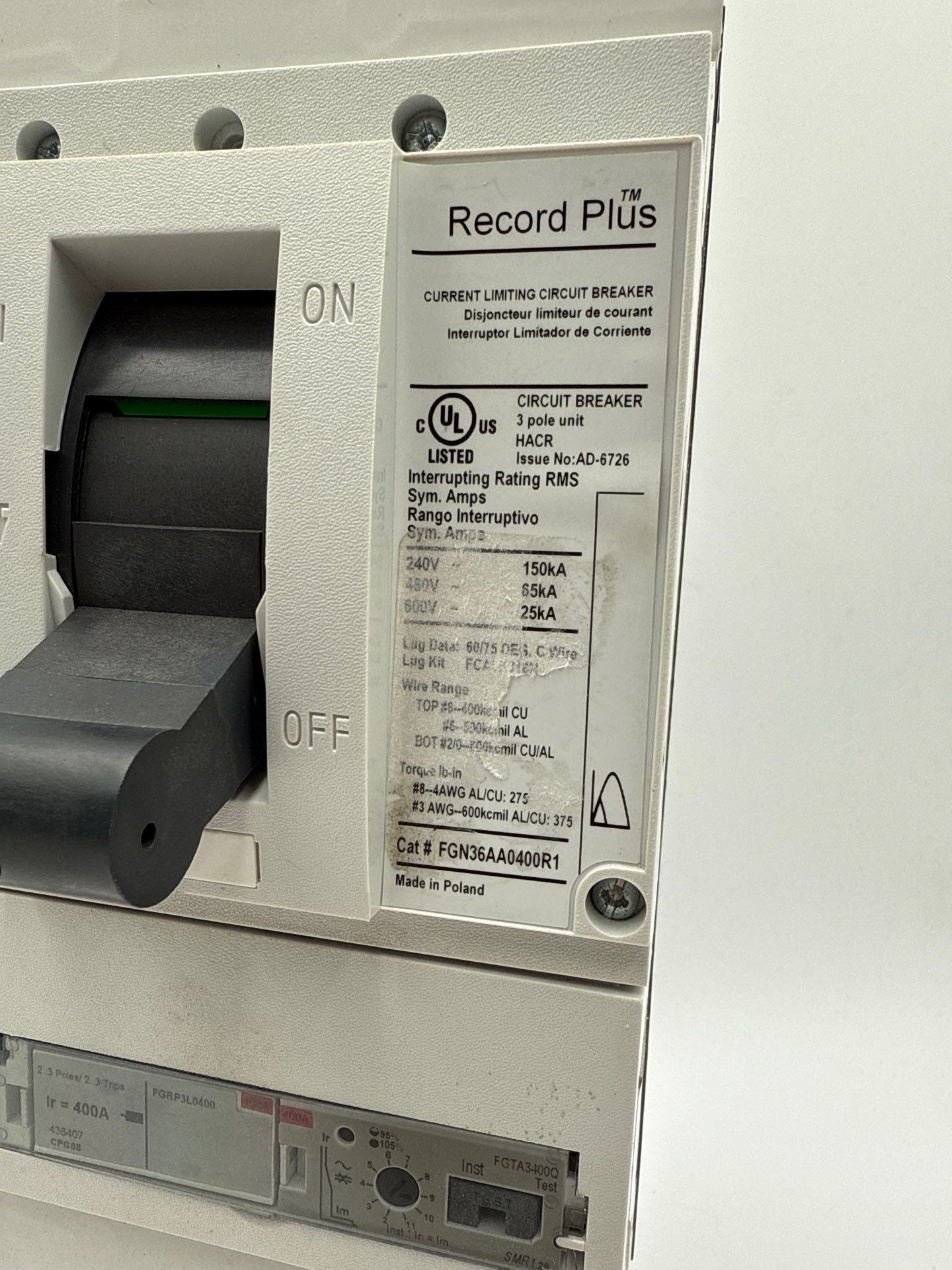 GE FGN36DB400 Circuit Breaker 400A 3P 600V FGRP3L0400 Trip 400 Amp Used