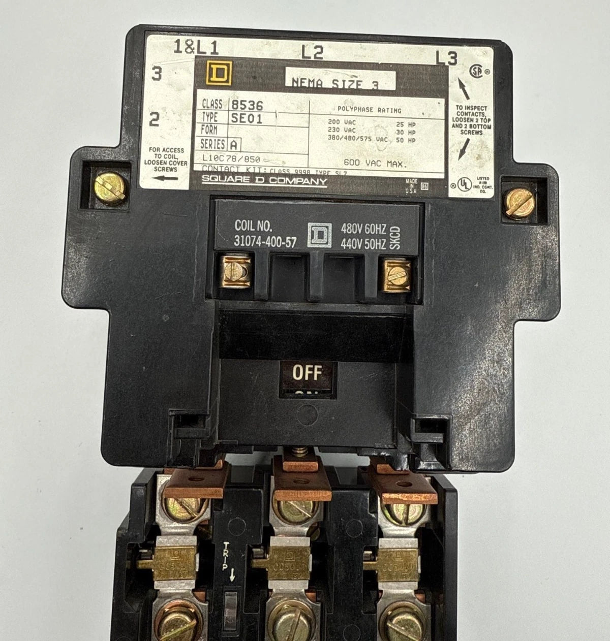 Square D 8536SE01S NEMA Size 3 Starter 90A 3P 600V 3PH 50HP Coil 440/480V Used