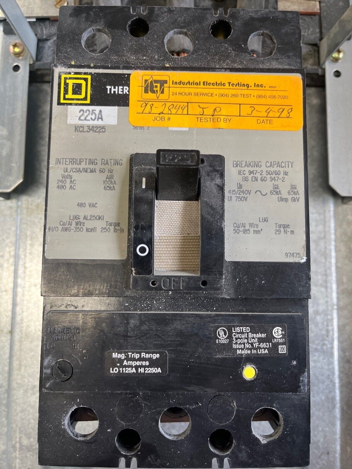 Square D NQOD Panelboard 225A 208/120V 3PH 4W Indoor Encl 42 Cir KCL34225 MCB P571 Used