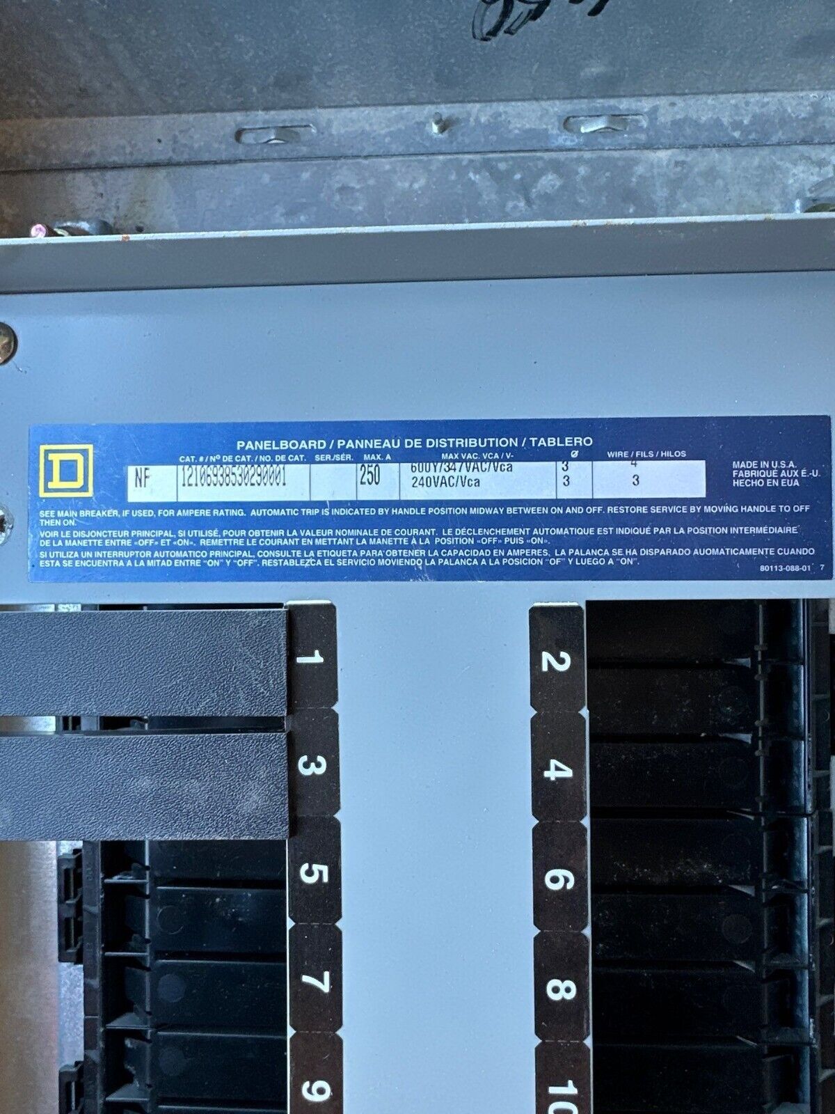 Square D NF Panelboard 250A 600Y/347V 240V 3PH 4W 42 Cir Box MH44 Indoor P318 Used