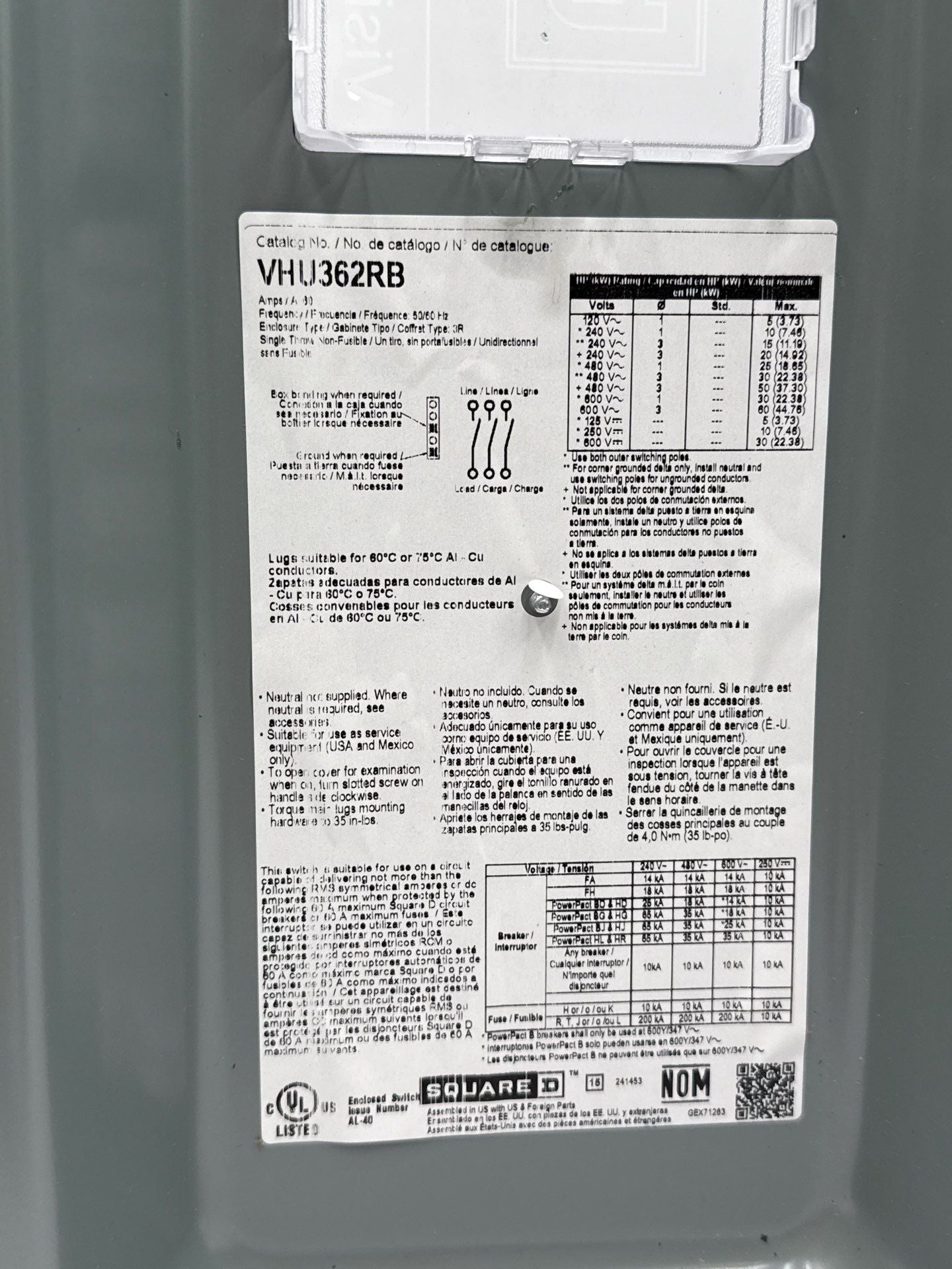 Square D VHU362RB Safety Disconnect Switch 60A 3P 600V VisiPacT 3R Outdoor New
