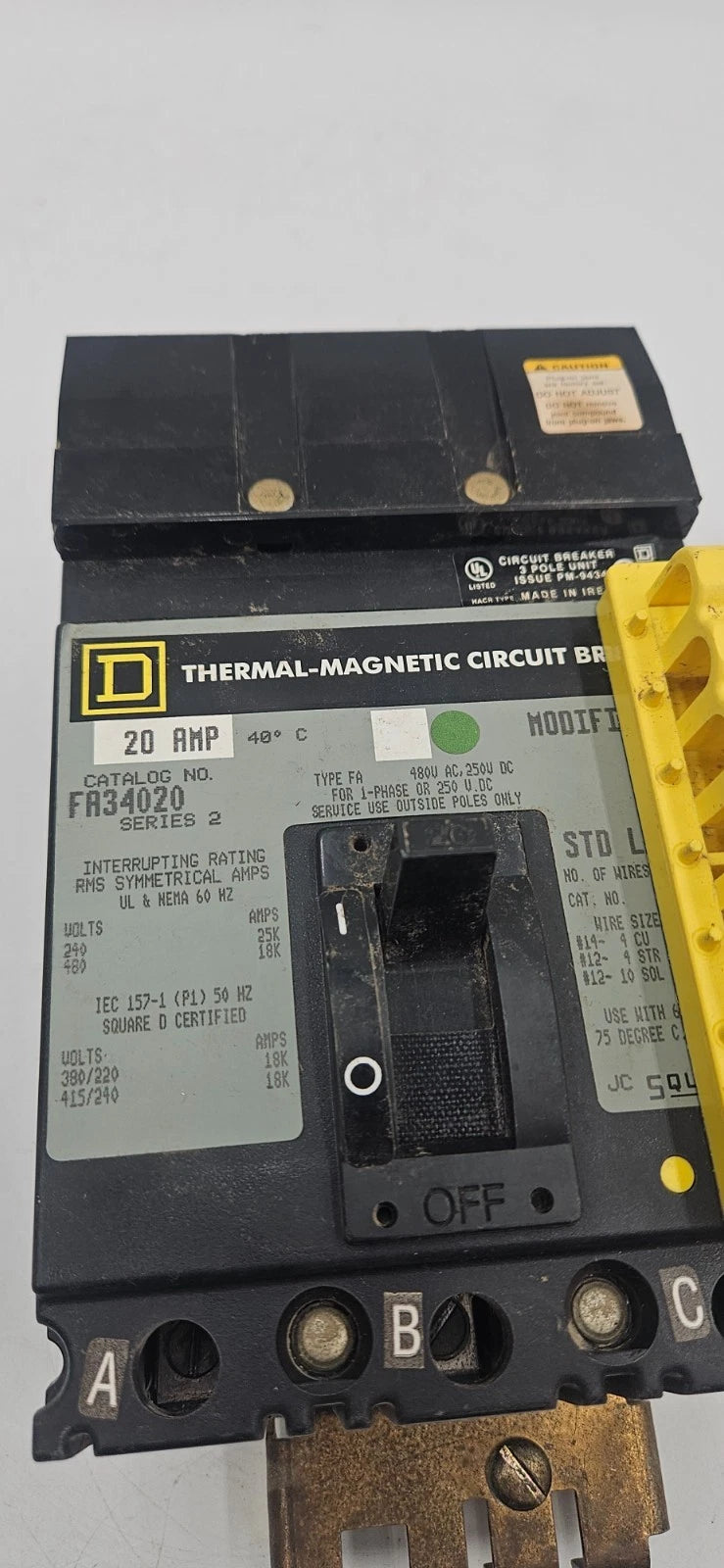 SQUARE D FA34020 I-Line Circuit Breaker 20 Amp 3P 480V 3PH 20A 3 Pole Used Used
