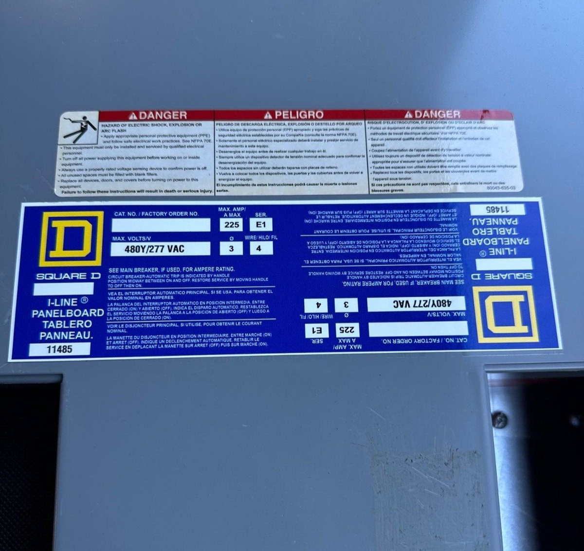 Square D I-Line Panelboard 225A 480Y/277V 3PH 4W Indoor Encl 18 Cir MCB 225 Amp P430 Used