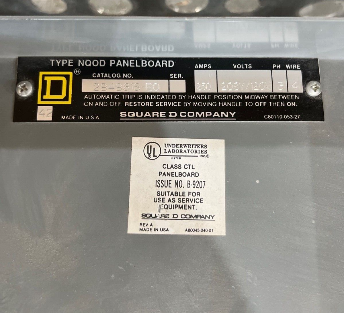 Square D Panelboard 250A 208/120V 3PH 4W 42 Circuit Indoor Encl MCB KAL36250 P625 Used