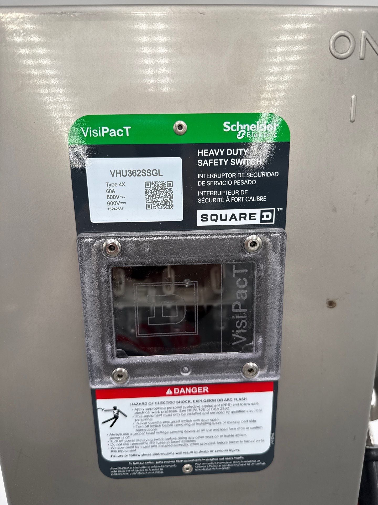 Square D VHU362SSGL Safety Disconnect Switch 60A 3P 600V Type 4X Encl SS New