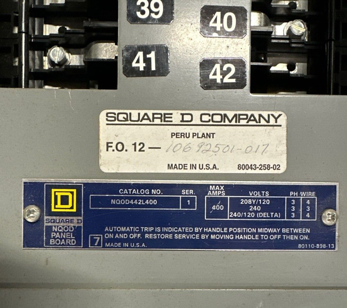 Square D NQOD442L400 Panelboard 400A 208Y/120V 3PH 4W Indoor Encl MLO 42 Circuit P469 Used