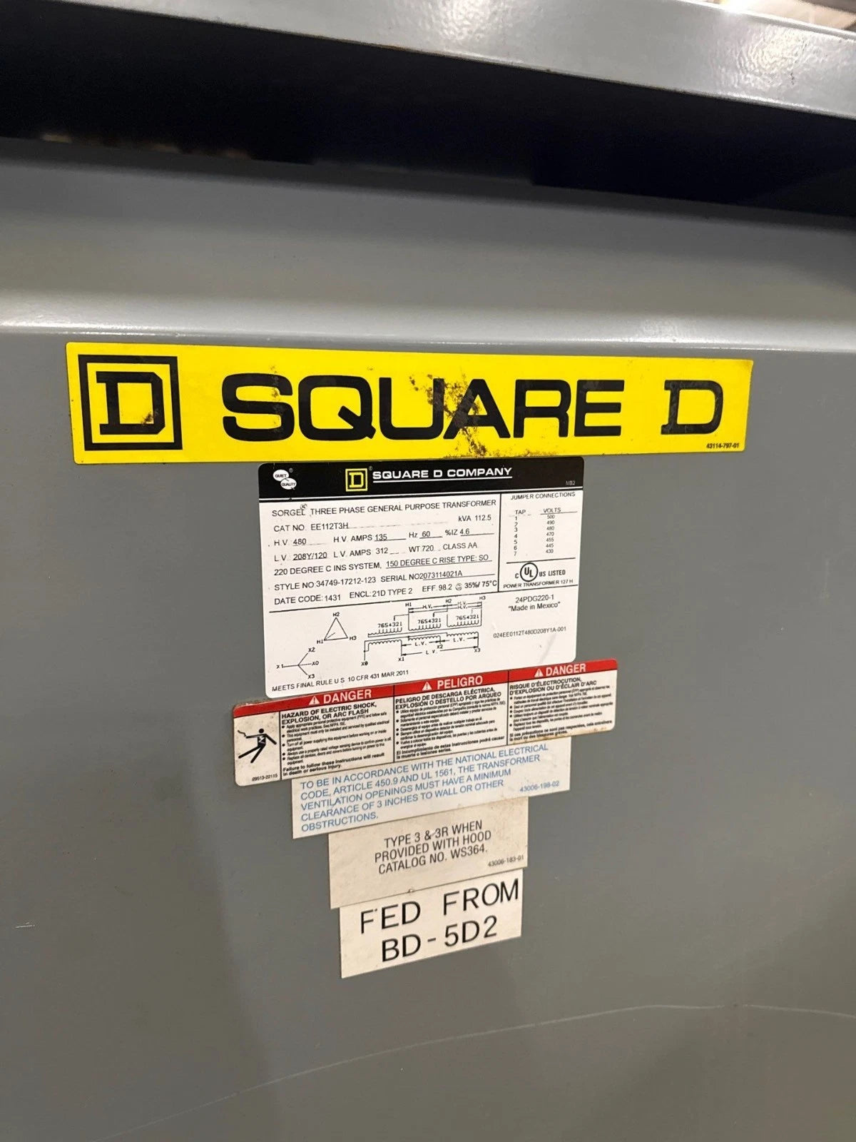 Square D 112.5KVA EE112T3H Transformer 3PH Pri 480V Sec 208Y/120V Indoor T282 Used