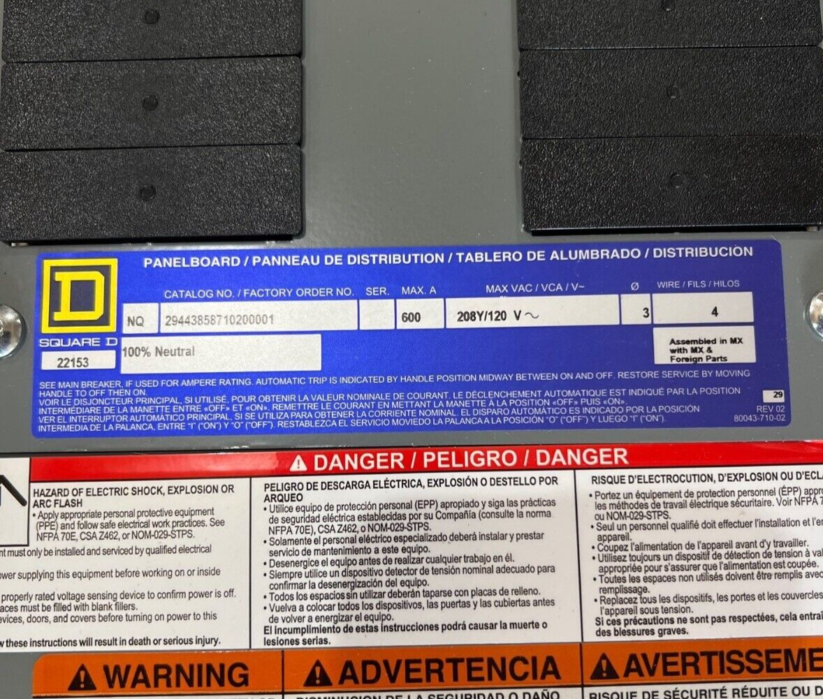 Sq D NQ Panelboard 600A 208Y/120V 3PH 42 Cir LGP36600U31X MCB Indoor Encl P675 New