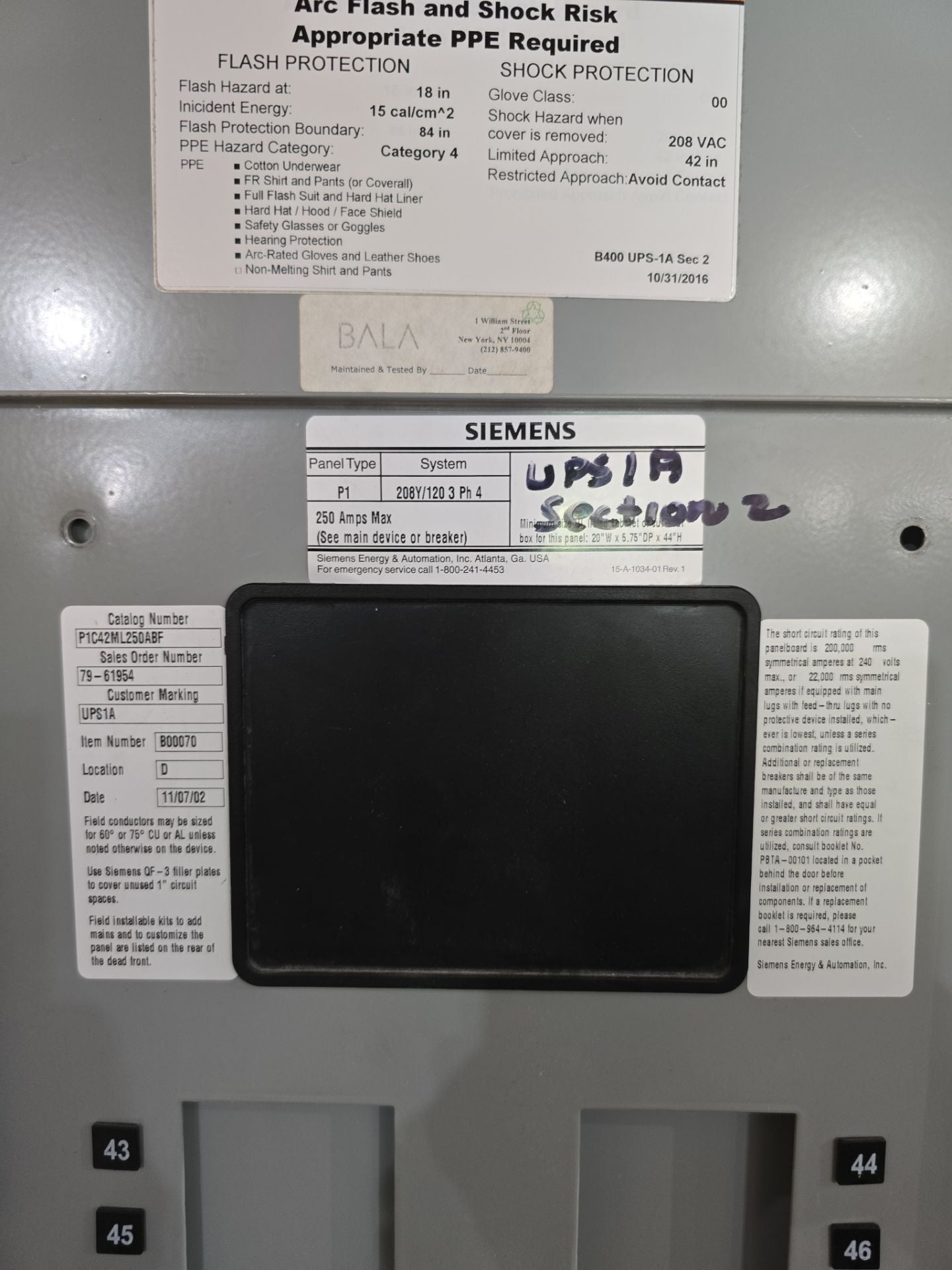 Siemens P1 P1C42ML250ABF Panelboard 250A 208/120V 3PH 4W 42Cir MLO 250 Amp Panel Used