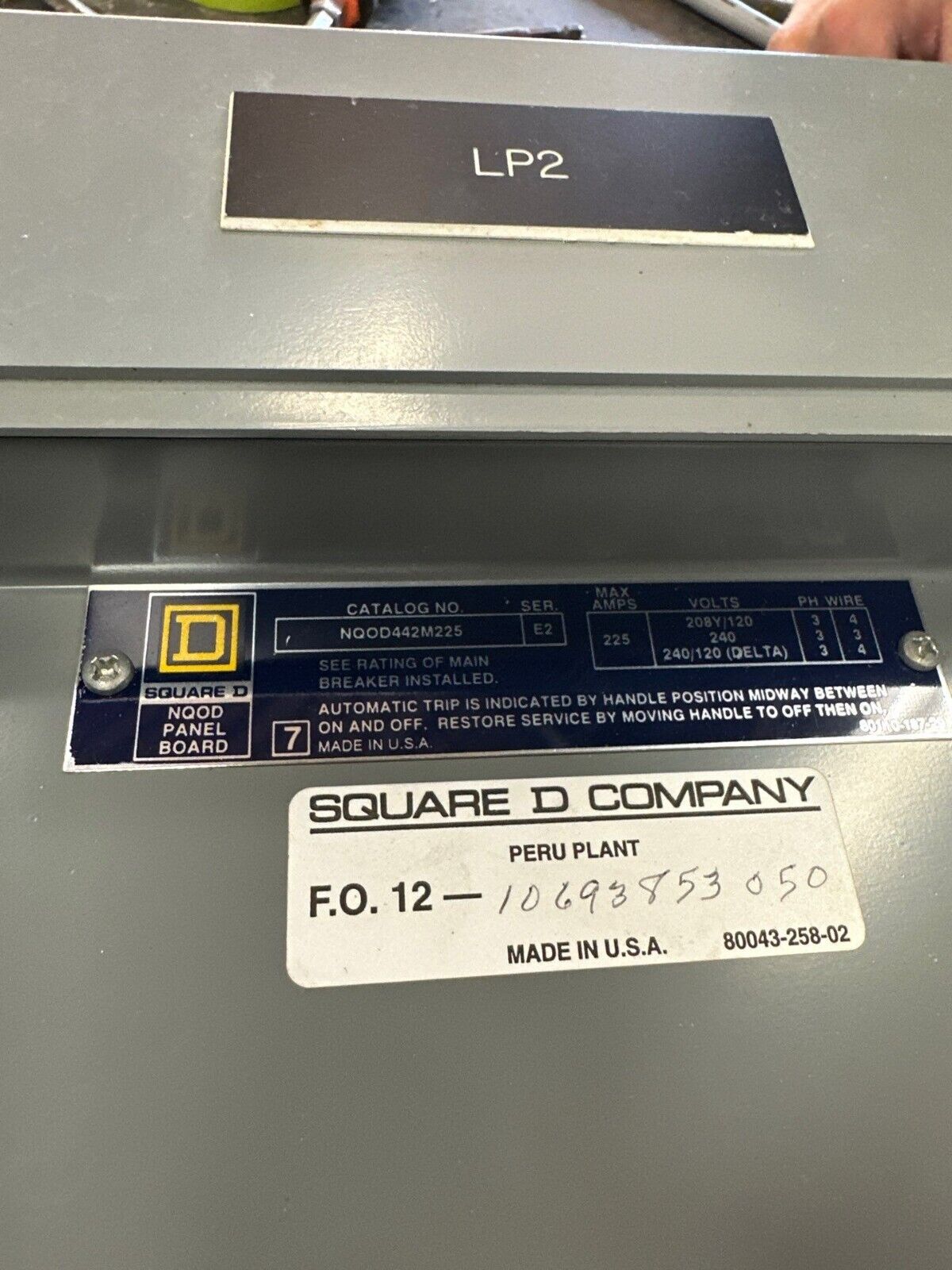 Square D NQOD442M225 NQOD Panelboard 225A 208Y/120V 3PH 42Cir 4W Indoor Encl MCB P343 Used